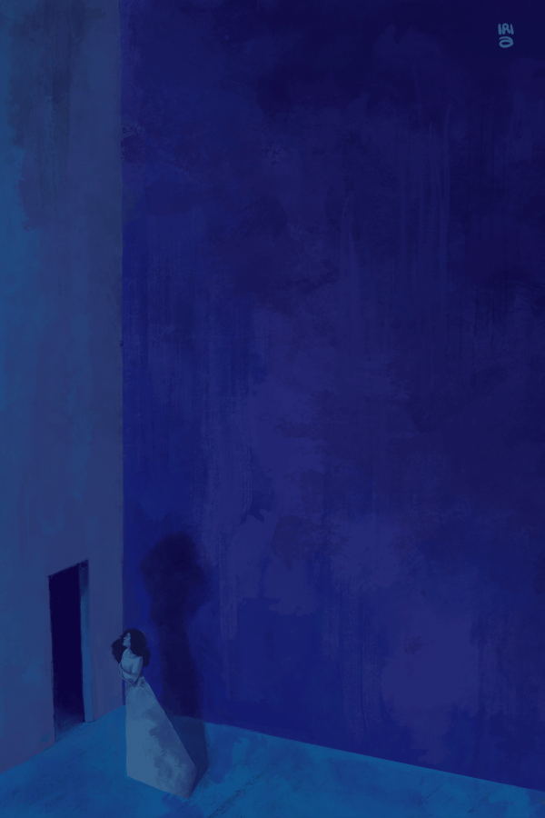 A digital painting in different shades of blue. A woman stands in the bottom left corner, holding herself in pain, facing an opening in an undecorated concrete wall.